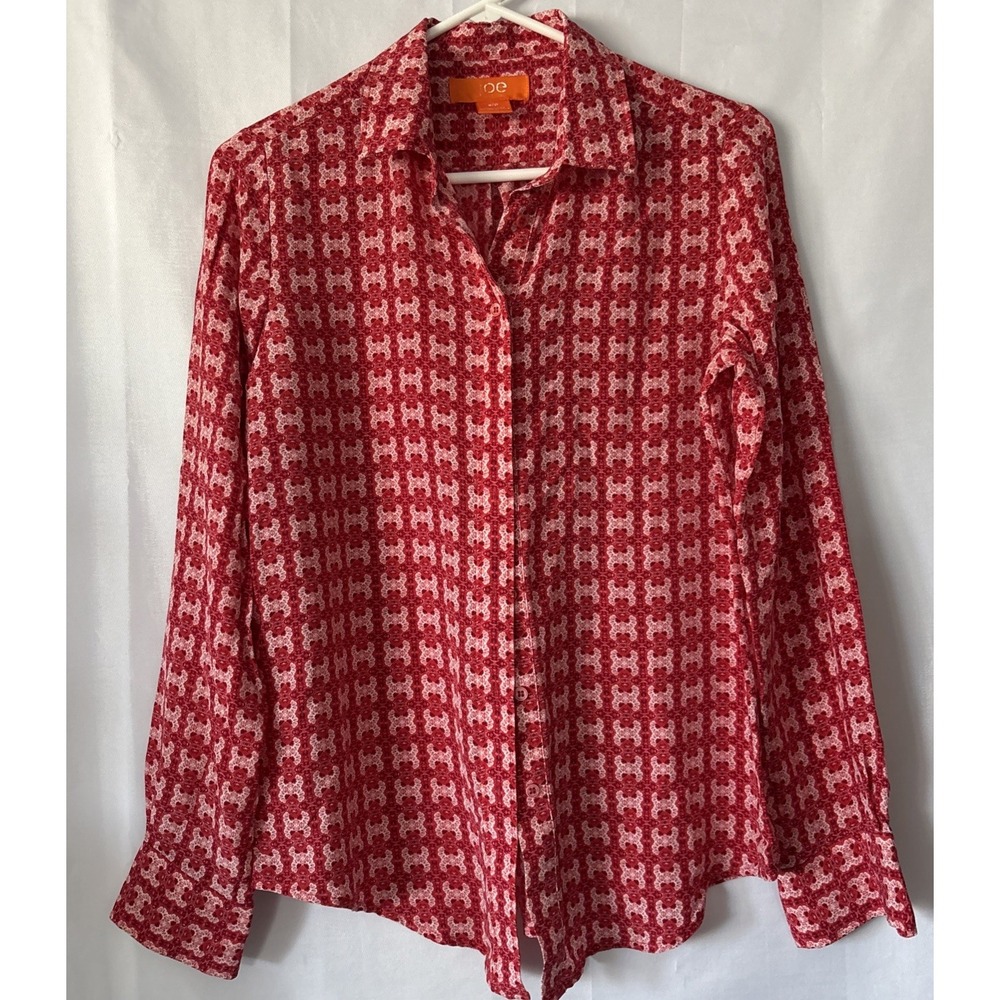 Joe Fresh Red Pink blouse button down women S/P floral Artsy 100% Silk 70s Retro